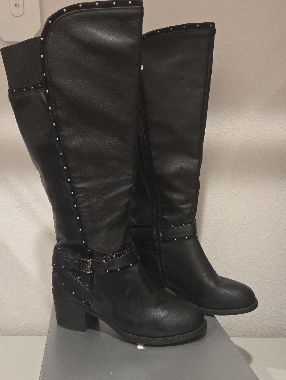 cloudwalkers Black Knee High Studded Block Heel Boots